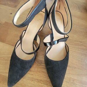 Franco Sarto Suede and Leather Point Toe Black Strappy Heels